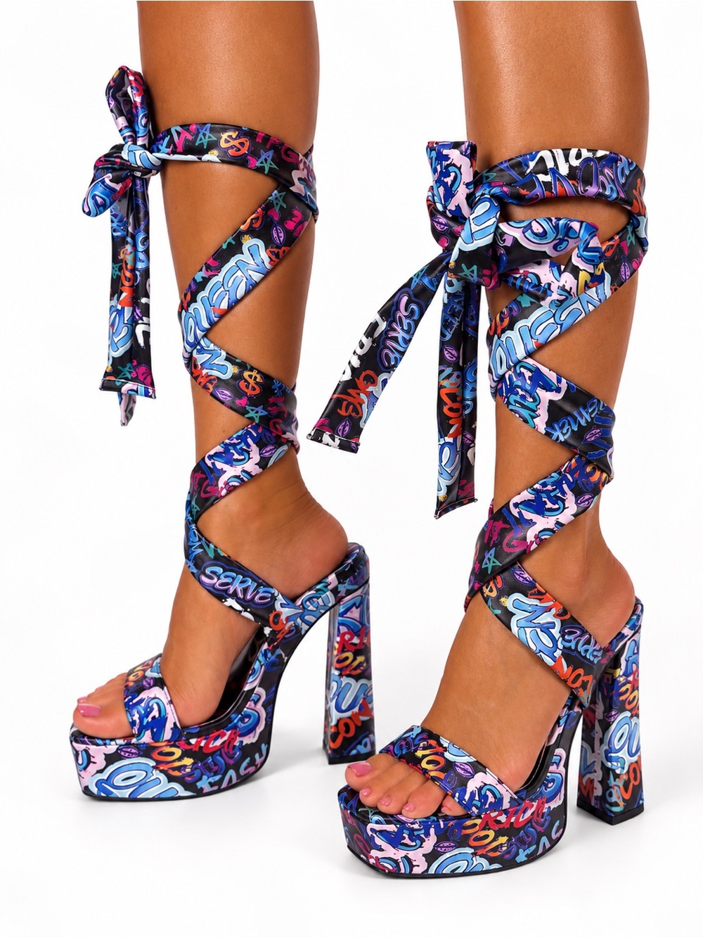 AKIRA Magritte Graffiti Platform Heels Lace-Up Multicolor NWT Sizes 6.5-11